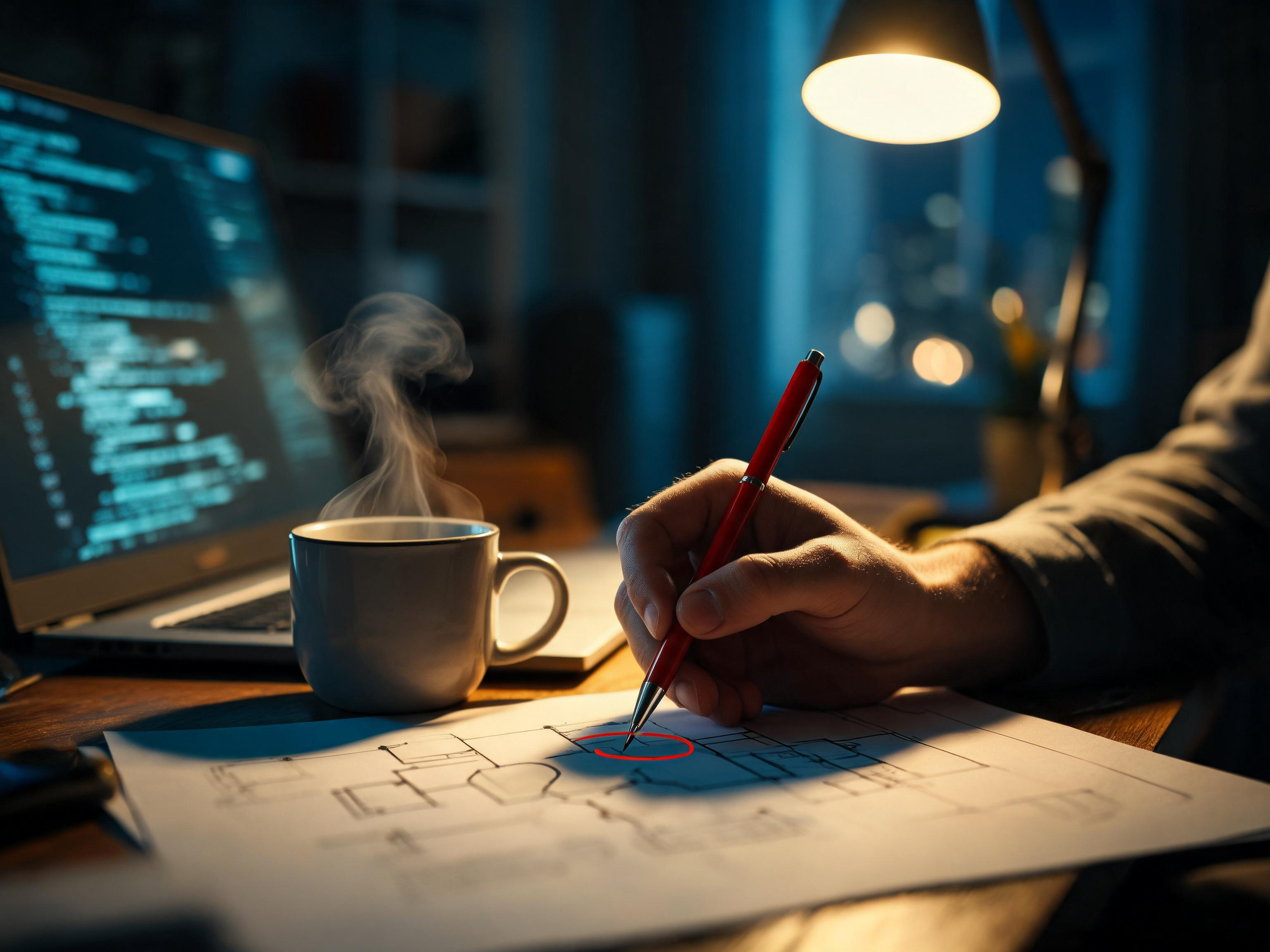 Close-up of a hand circling a node on a printed system diagram with a red pen, laptop blurred in the background.