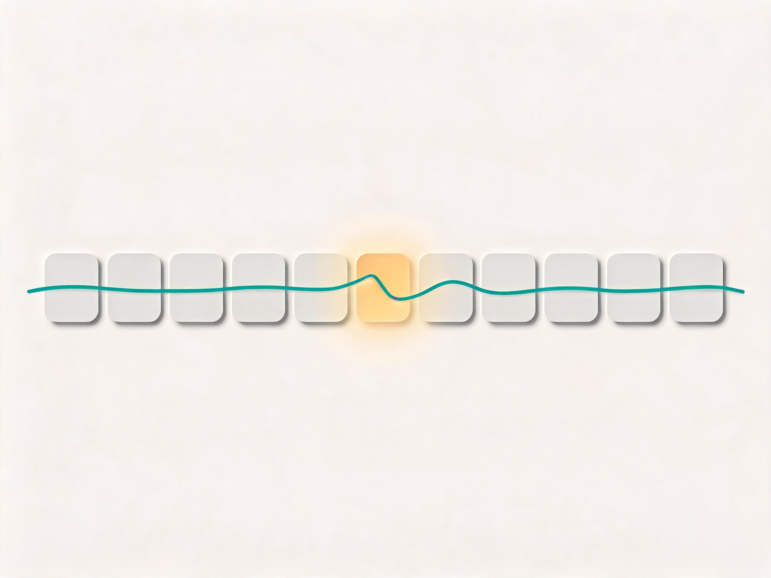 Diagram of twelve linked calendar tiles with one highlighted tile showing a branching thread that nearly created a duplicate.