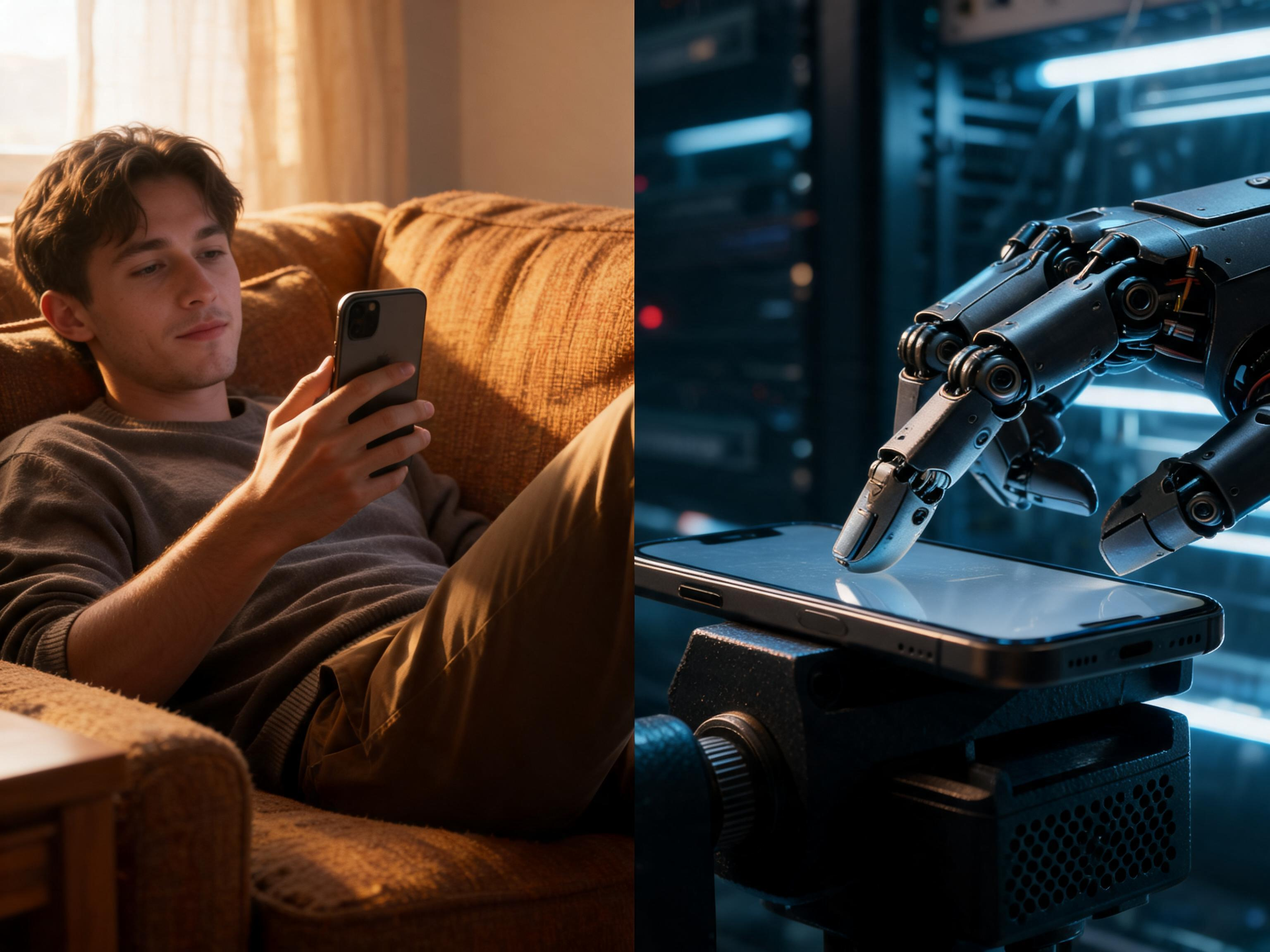 Split image contrasting a relaxed person casually browsing their phone with a mechanical hand tapping a phone screen in a dark server room.