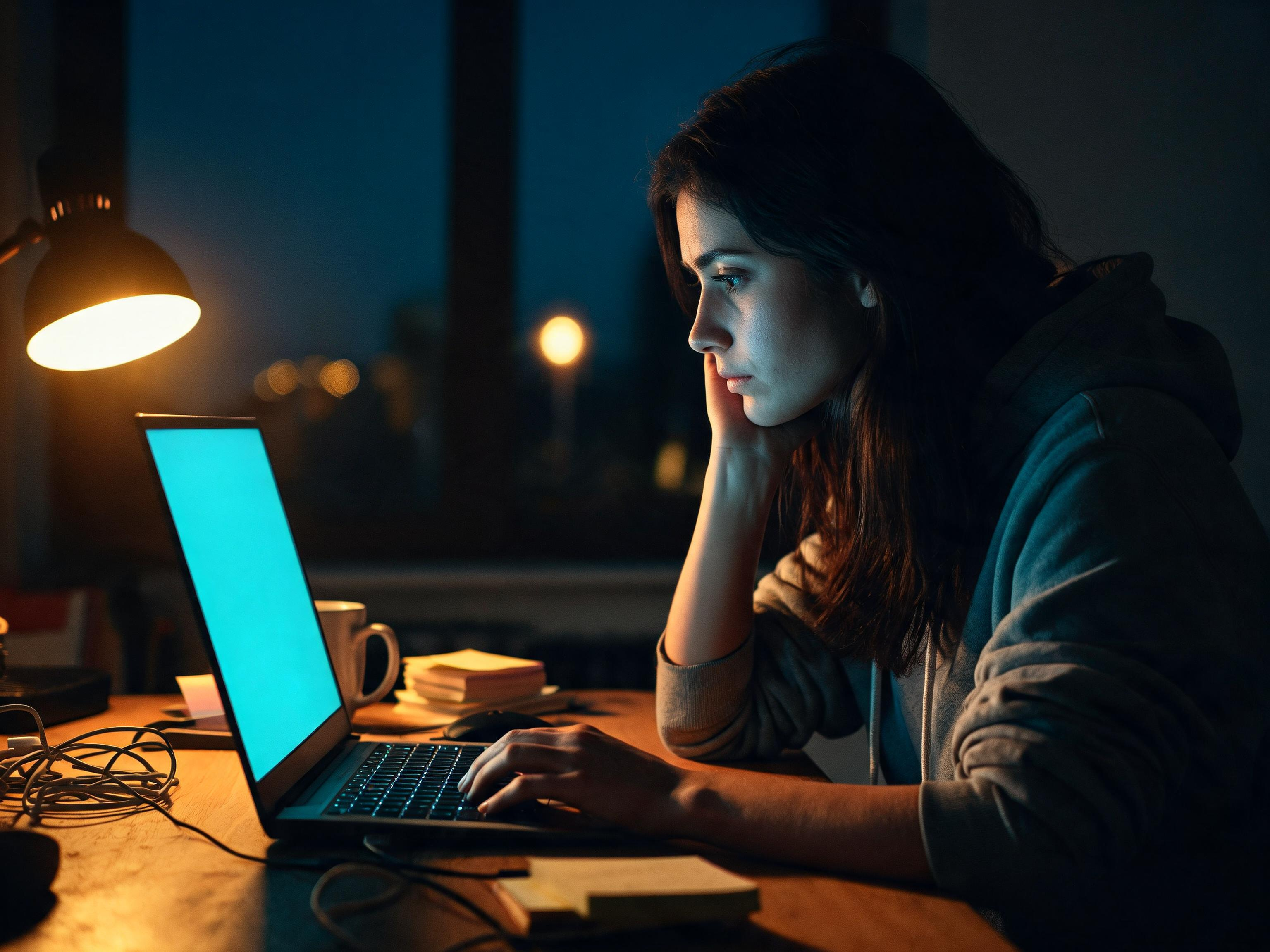 A developer working alone at a laptop late at night in a dimly lit home office, screen light reflecting on their face.