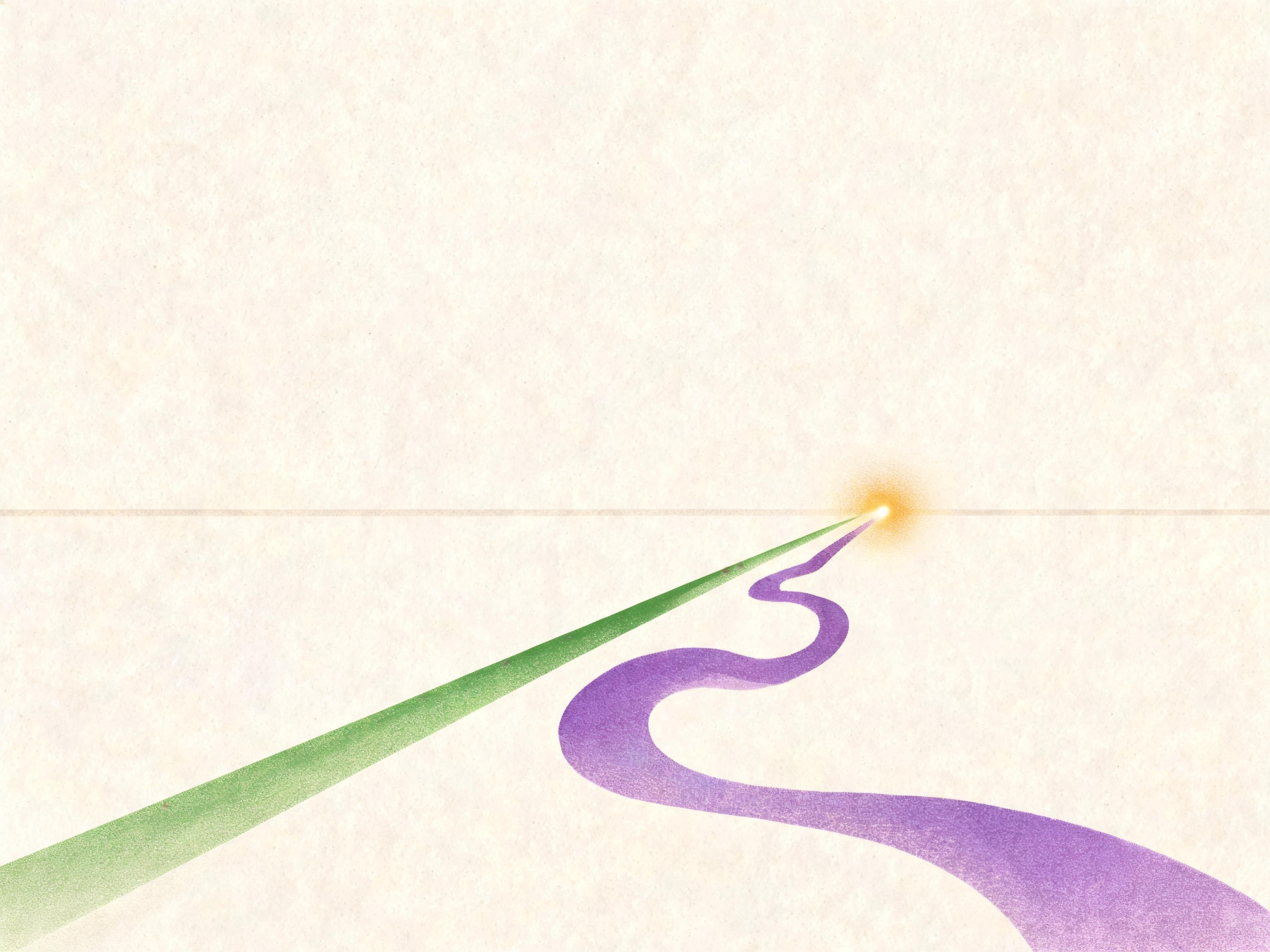 Illustration of a short straight path and a longer winding path both leading to the same distant point of light, representing fast versus slow purchase decisions arriving at the same outcome.