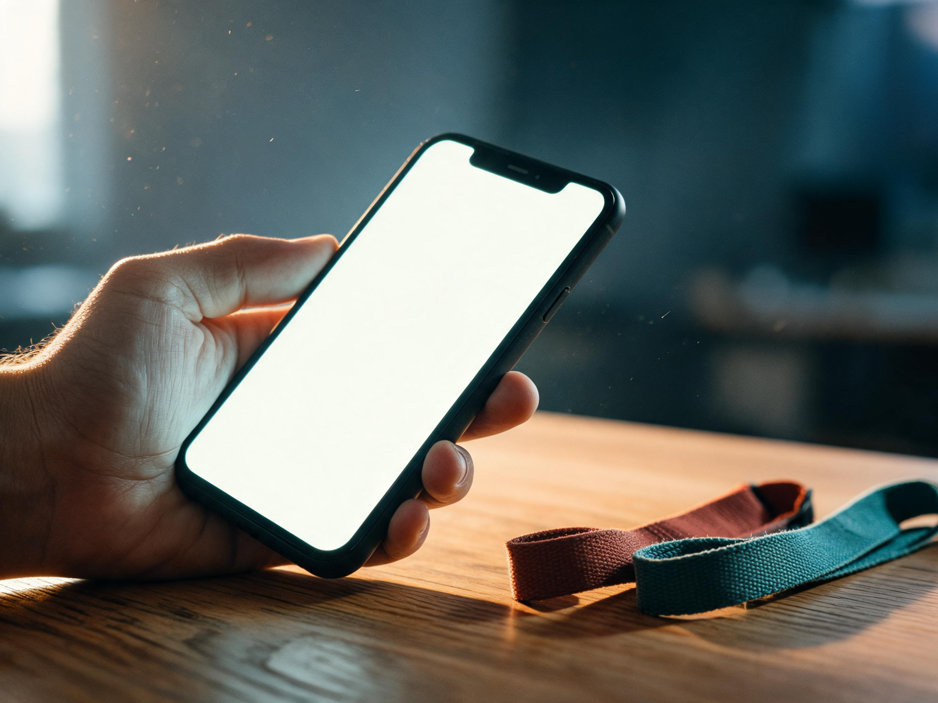 Close-up of a hand holding a phone with a subscription renewal notification, next to two different colored wristbands representing two referral sources.