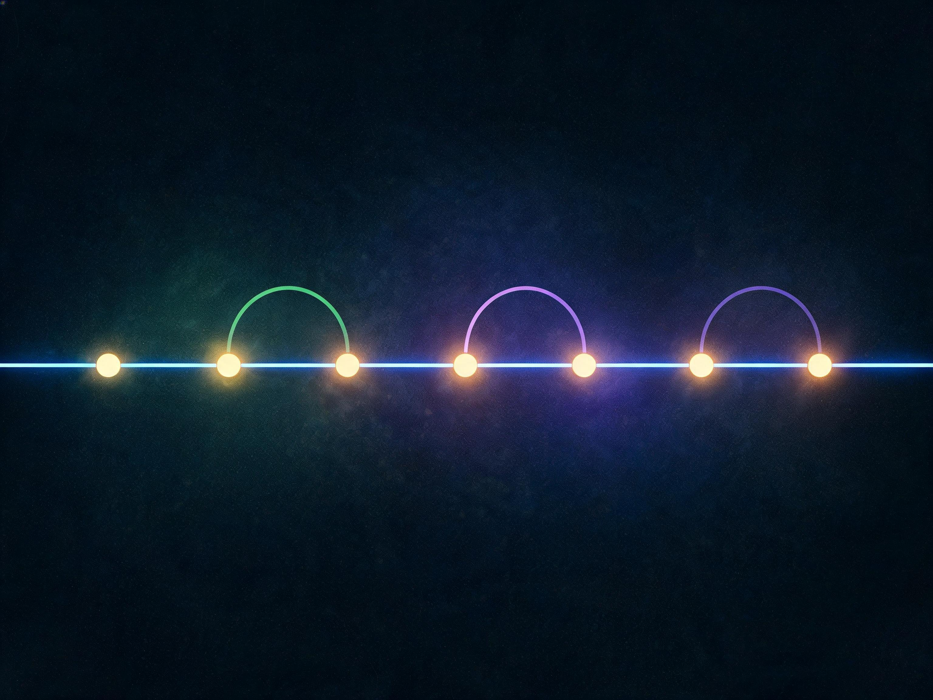 An abstract glowing timeline with a few points where the line briefly splits into a faint ghost branch before rejoining, representing risky moments in a subscriber's renewal history.