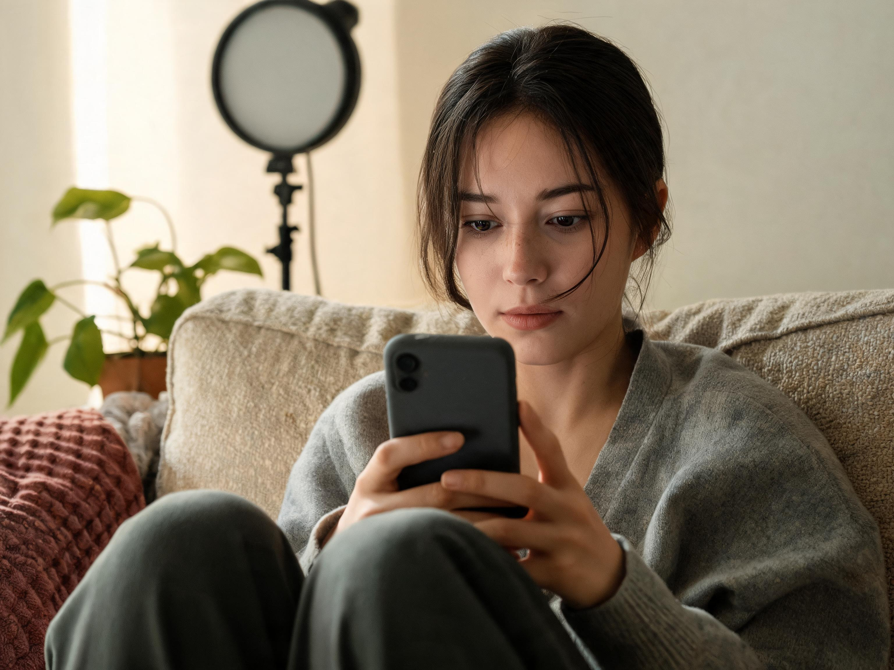 A content creator sitting on a couch looking relieved while scrolling on their phone, representing the moment a creator sees a clear breakdown of their traffic and payout.
