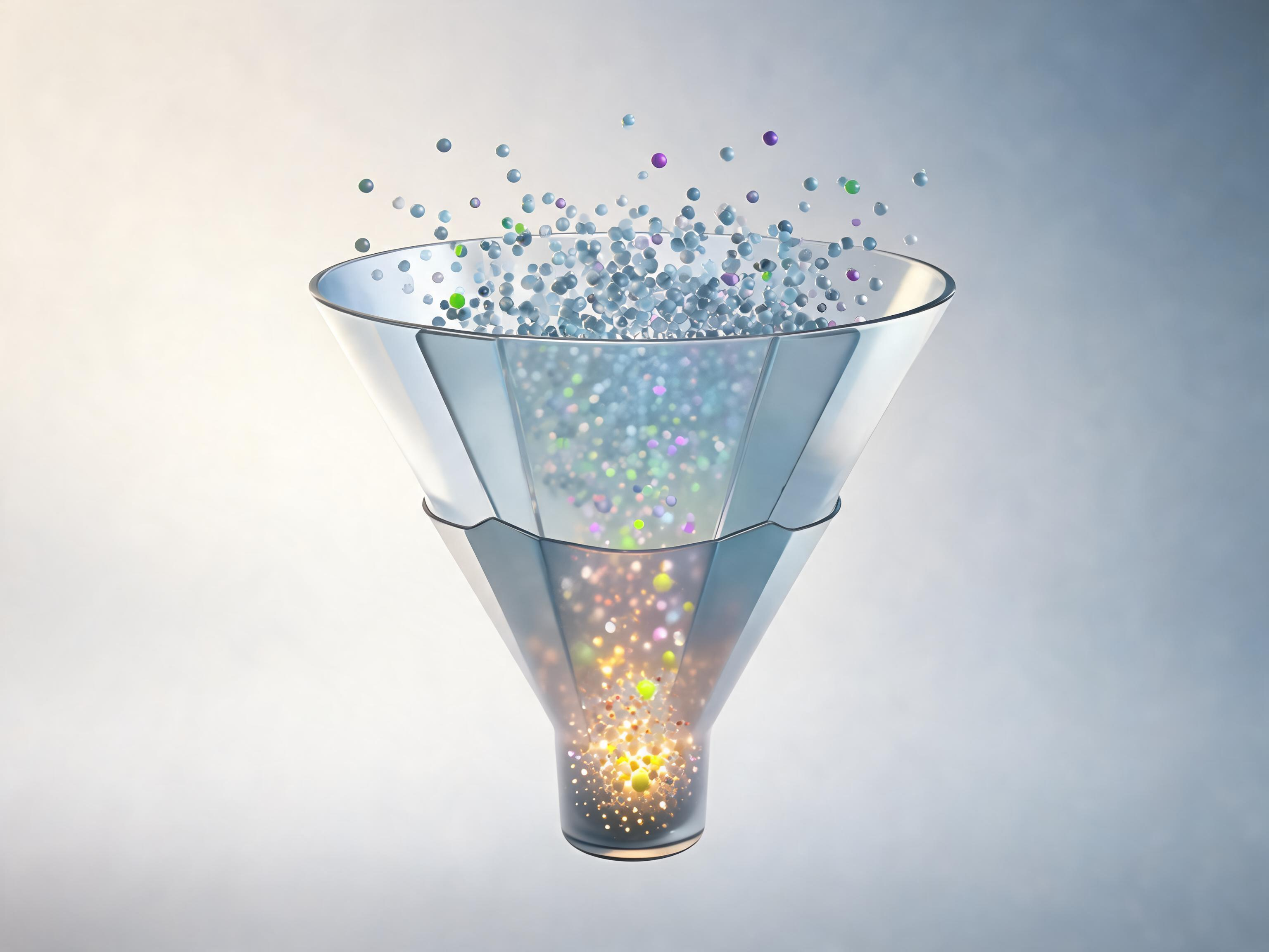 Abstract glass funnel illustration showing a large scattered cluster of dots narrowing down to a smaller, brighter cluster, symbolizing raw traffic being filtered into verified results.